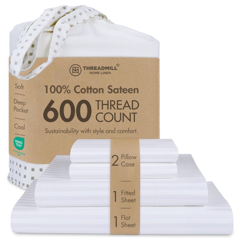 Threadmill 100% Cotton Sheets for Full Size Bed - 600 Thread Count Full Bed Sheets Set with 16â€ Deep Pocket - Damask Stripe Sateen Weave 4-Piece Bedding Set with Cooling Effect, White - Image 1